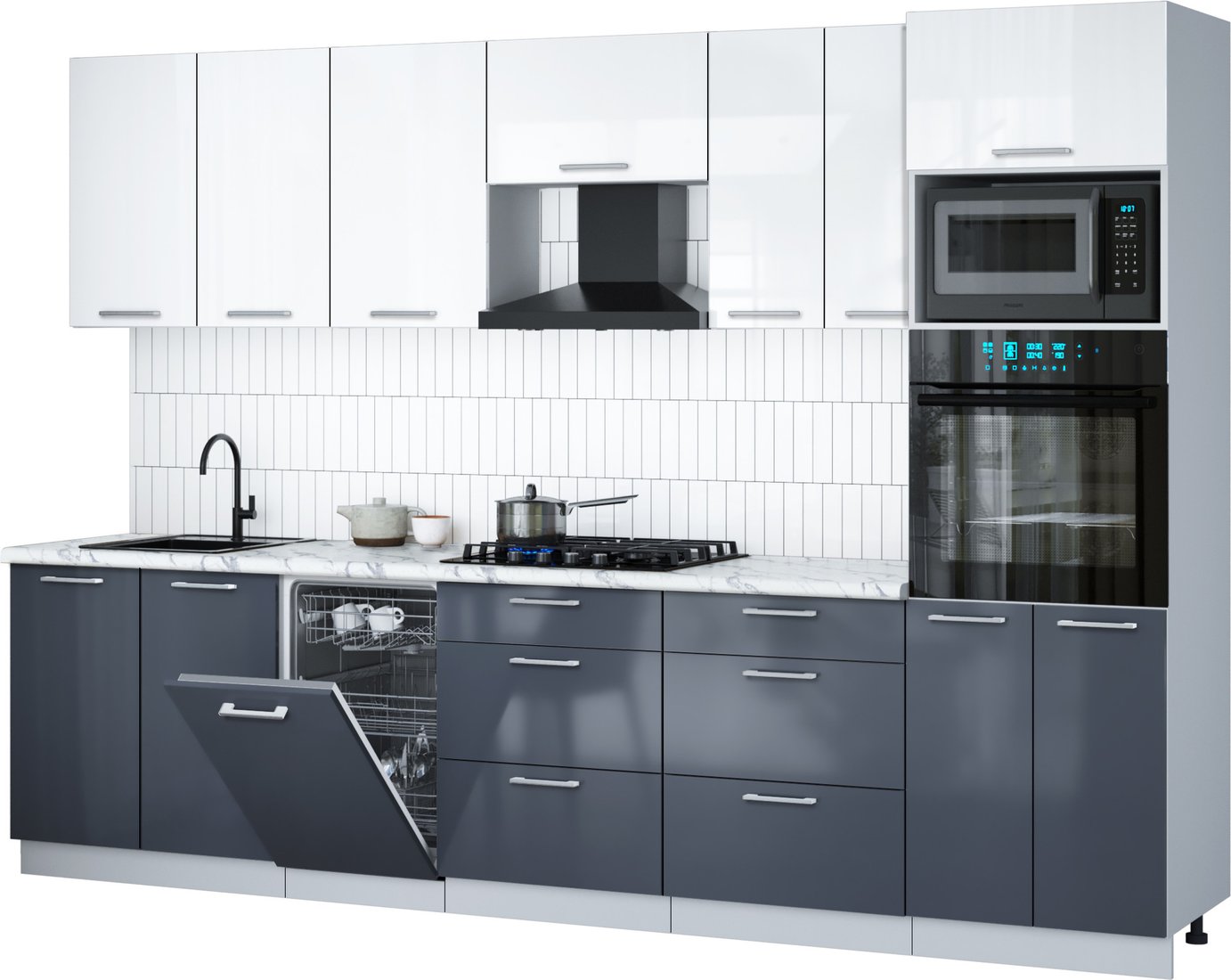 

Готовая кухня Интерлиния Мила Gloss 3.05-ПМ3 (асфальт глянец/белый глянец/белый гранит)