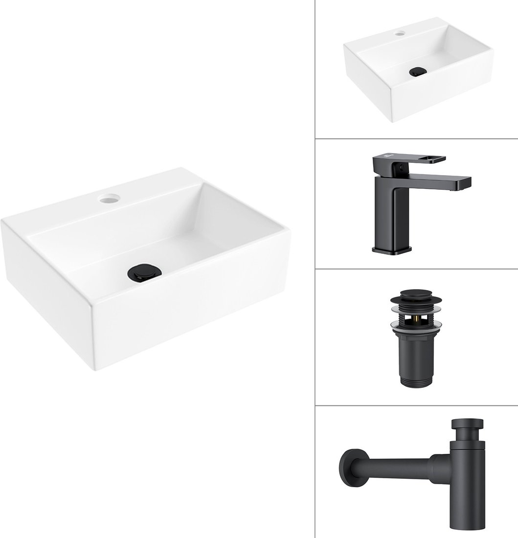 Умывальник Lauter 21344 + Cascade 21СК655BS + сифон 21635B + донный клапан 21190B (черный матовый)