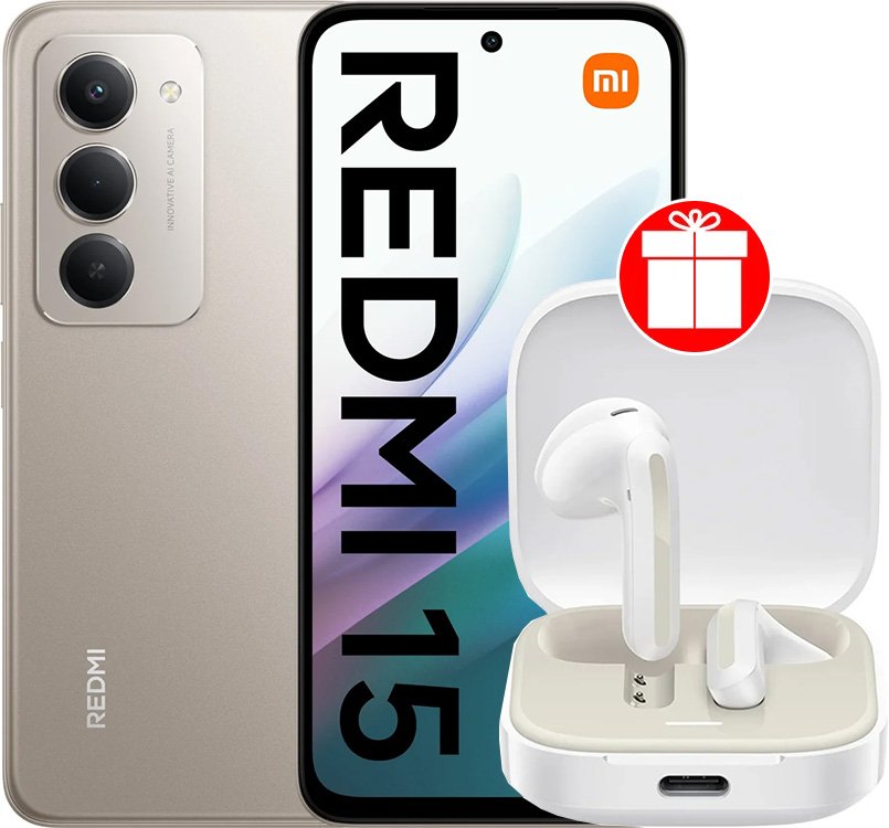 Телефон Xiaomi Redmi 15 4G 6GB/128GB международная версия (титановый) + наушники Xiaomi Redmi Buds 6 Active M2344E1 (белый) по акции