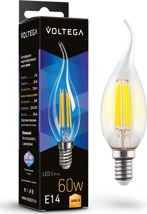 

Светодиодная лампочка Voltega Crystal Candle wind 6W 3000K E14