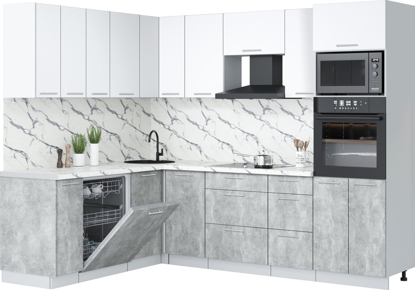 

Готовая кухня Интерлиния Мила Лайт 1.896х2.58 (белый платинум/бетон/белый гранит)