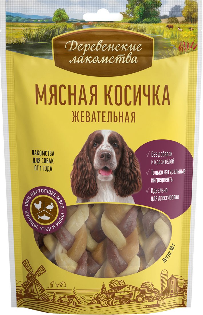 

Лакомство для собак Деревенские лакомства Мясная косичка жевательная 90 г