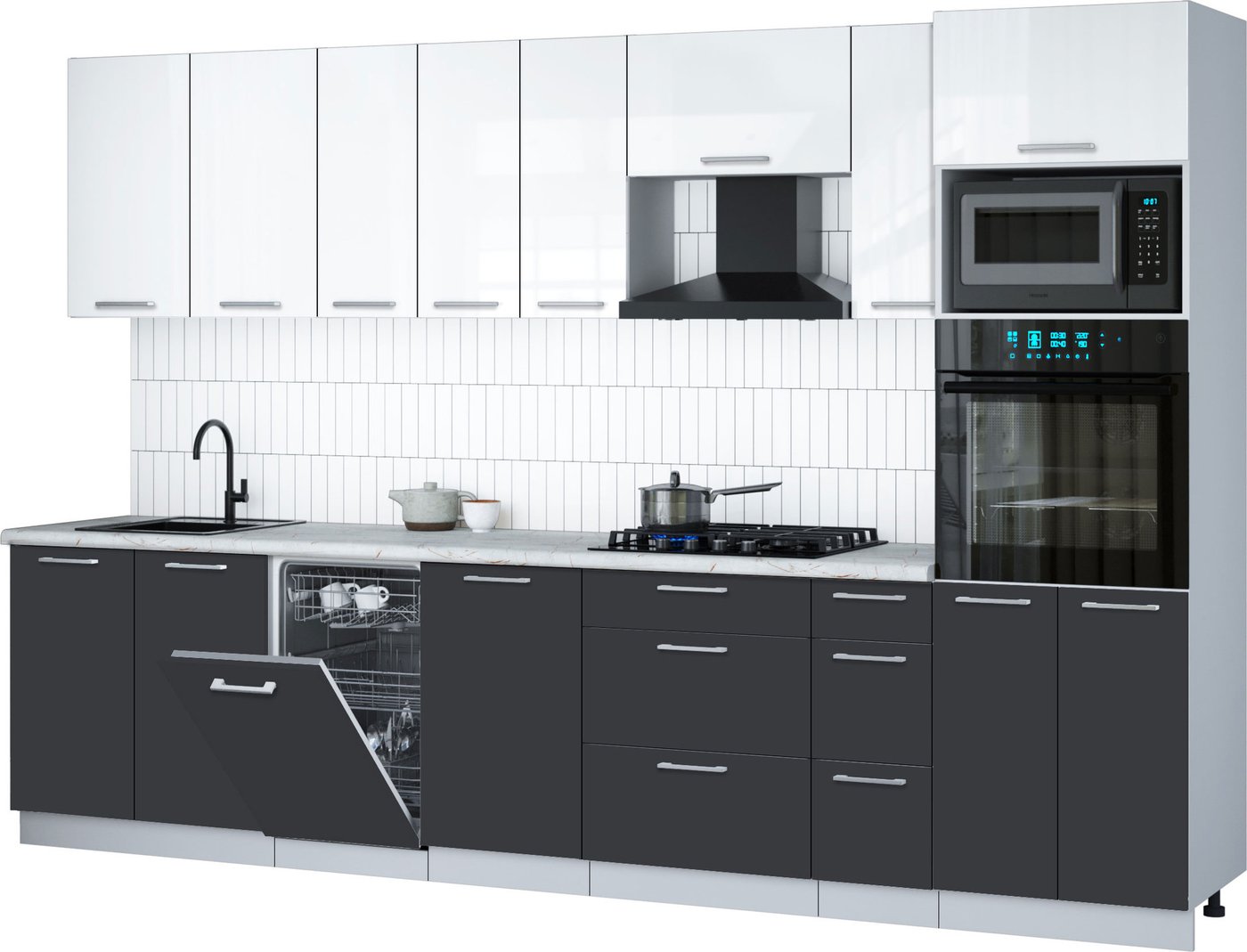 

Готовая кухня Интерлиния Мила Gloss 3.2-ПМ3 (пепел/белый глянец/серый каспий)