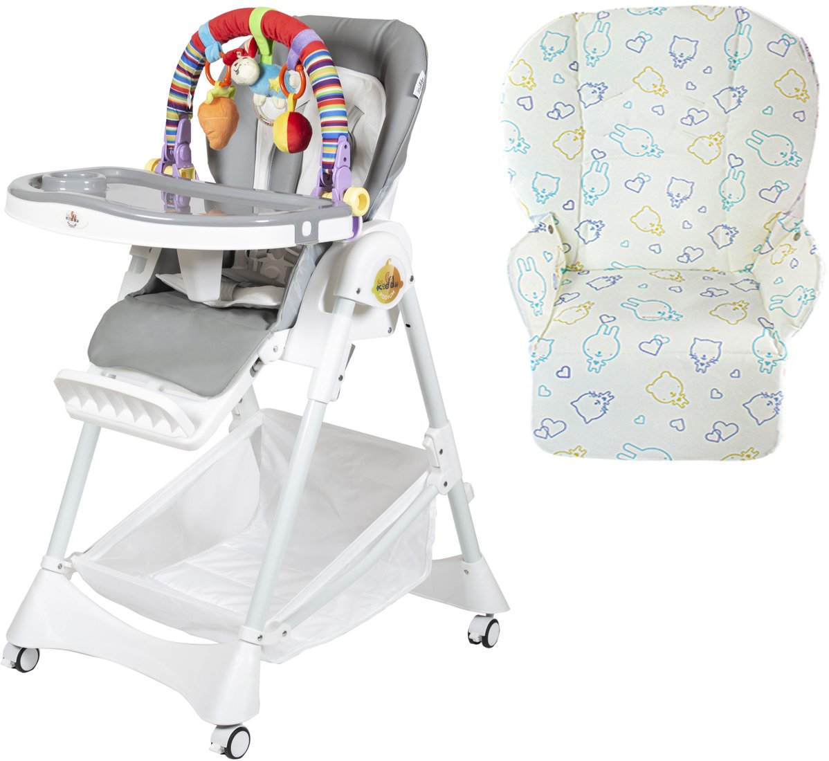 

Высокий стульчик ForKiddy Podium Toys 0+ (2 чехла +х/б вкладыш, светло-серый, дуга зайка)