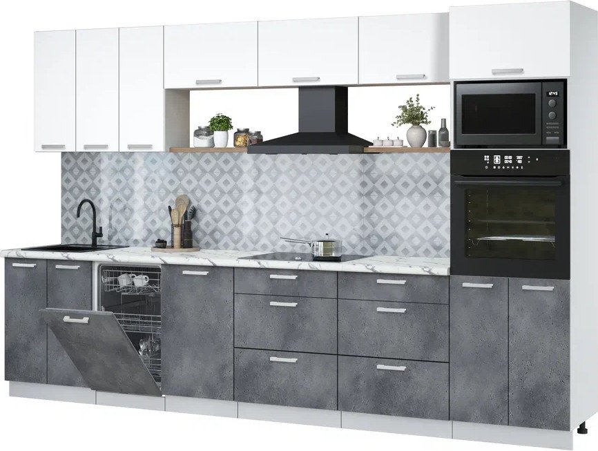 

Готовая кухня Интерлиния Мила Лайт 3.3-ПМ3 (белый платинум/бетон портленд/белый гранит)