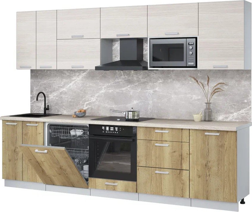 

Готовая кухня Интерлиния Мила Лайт 2.9-ПМ2 (вудлайн кремовый/дуб золотой/травертин серый)