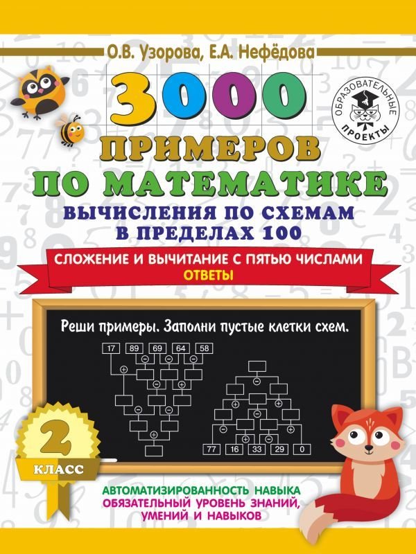 

Учебное пособие издательства АСТ. 3000 примеров по математике. Вычисления по схемам в пределах 100. Сложение и вычитание с пятью числами. Ответы. 2 класс