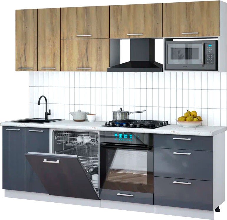 

Готовая кухня Интерлиния Мила Gloss 2.4-ПМ2 (асфальт глянец/дуб вотан/серый каспий)