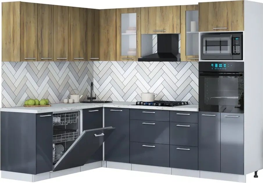 

Готовая кухня Интерлиния Мила Gloss 1.896х2.58 (асфальт глянец/дуб вотан/серый каспий)