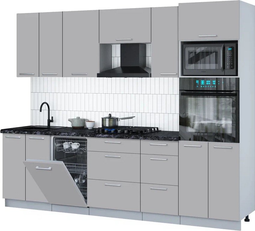 

Готовая кухня Интерлиния Мила Gloss 2.65-ПМ3 (грей/грей/кастилло темный)