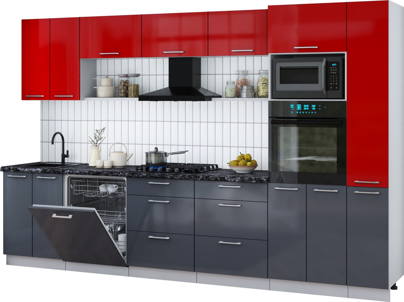 

Готовая кухня Интерлиния Мила Gloss 3.3-ПМ1 (асфальт глянец/красный глянец/кастилло темный)