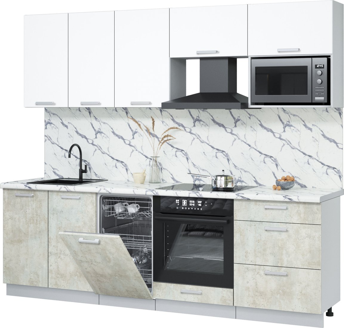 

Готовая кухня Интерлиния Мила Лайт 2.45-ПМ4 (белый платинум/бетон лайт/белый гранит)