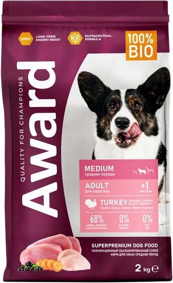 

Сухой корм для собак Award Adult Medium для взрослых средних пород с индейкой, курицей с добавлением моркови и черной смородины 2 кг