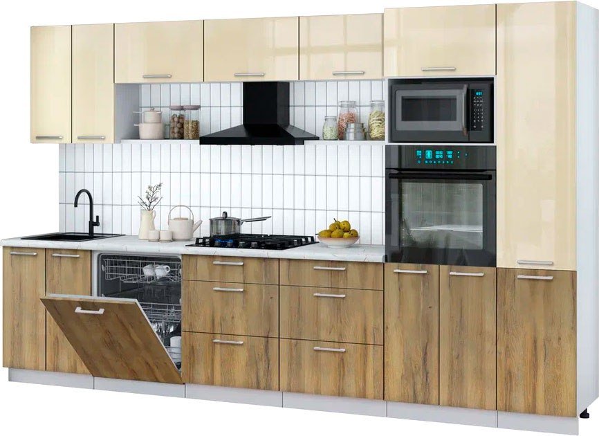 

Готовая кухня Интерлиния Мила Gloss 3.4-ПМ1 (дуб вотан/ваниль глянец/серый каспий)