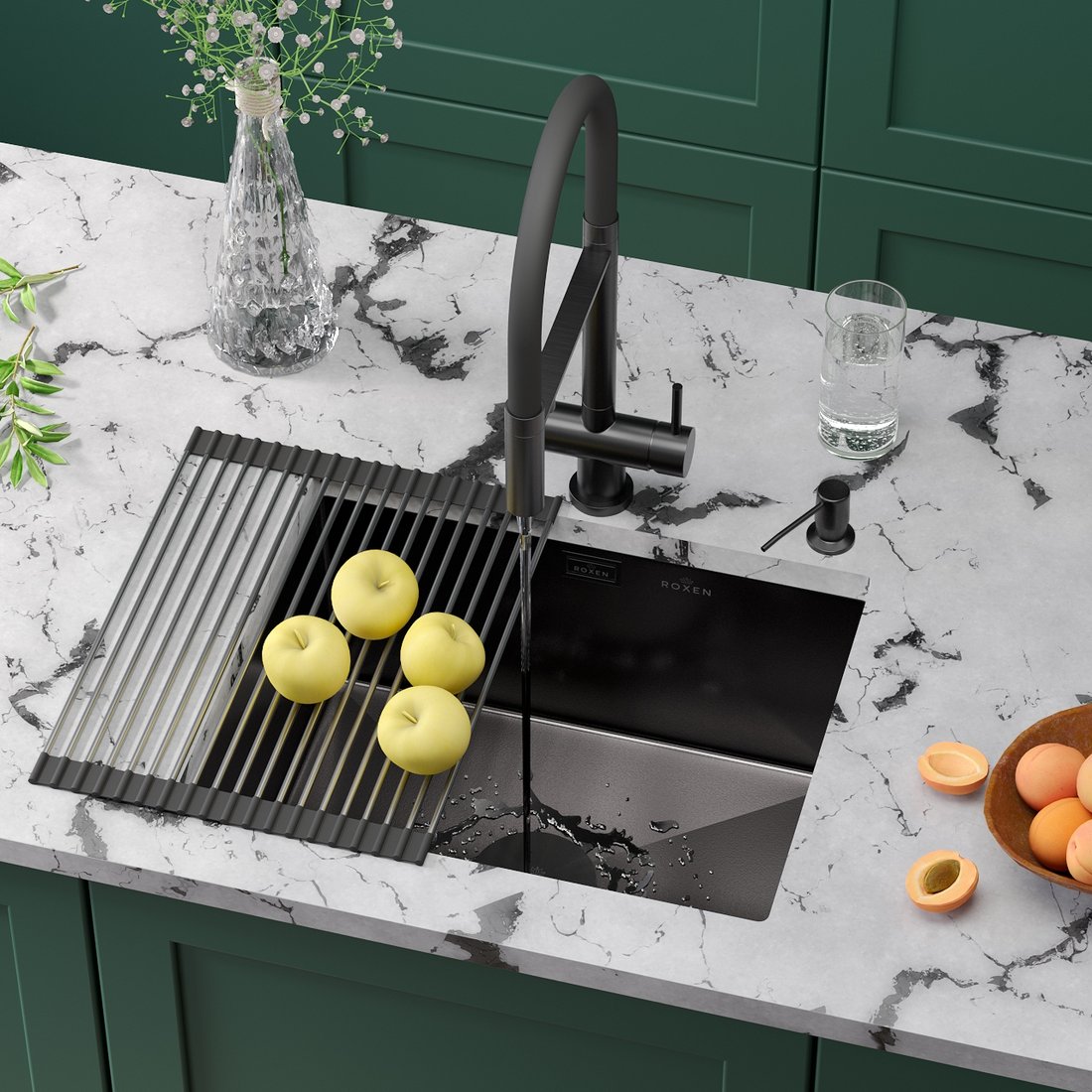 

Кухонная мойка Roxen Uno 560210-54B-V графит/текстурная PVD покрытие (с ролл-матом и дозатором)