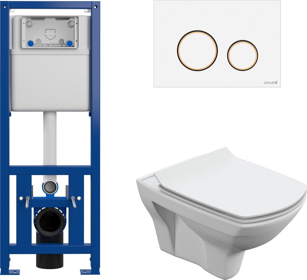 

Унитаз подвесной Cersanit Carina New Clean On с инстал. Link Pro (с кнопкой Twins 63535 белый/золото)