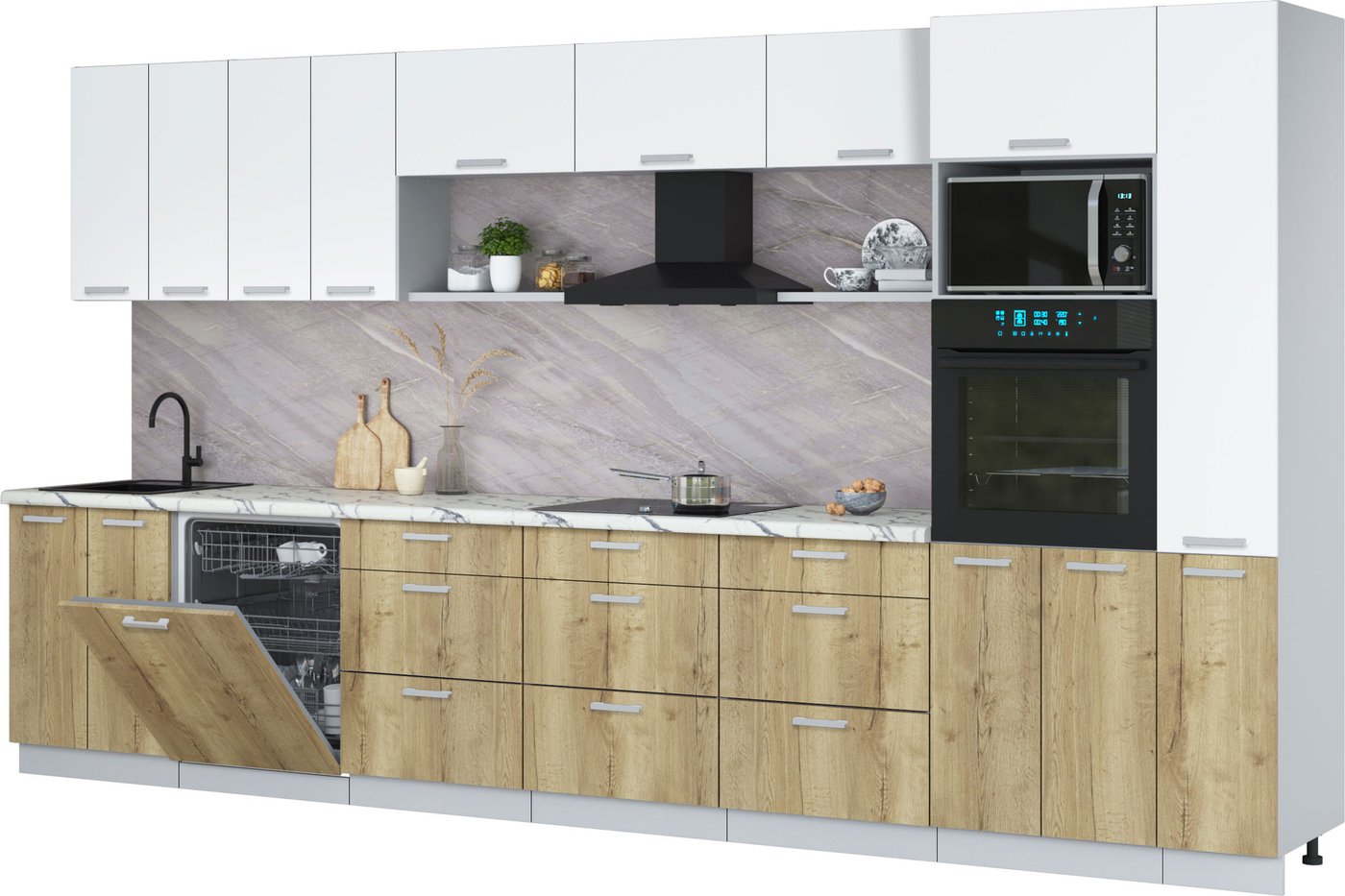 

Готовая кухня Интерлиния Мила Лайт 3.9-ПМ1 (белый платинум/дуб золотой/белый гранит)