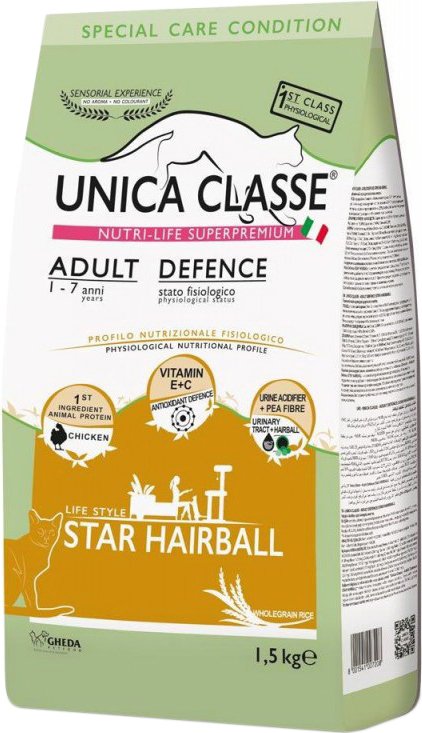 

Сухой корм для кошек Unica Classe Special Care Condition Adult Defence Star Hairball Chicken (для здоровья шерсти с курицей) 1.5 кг
