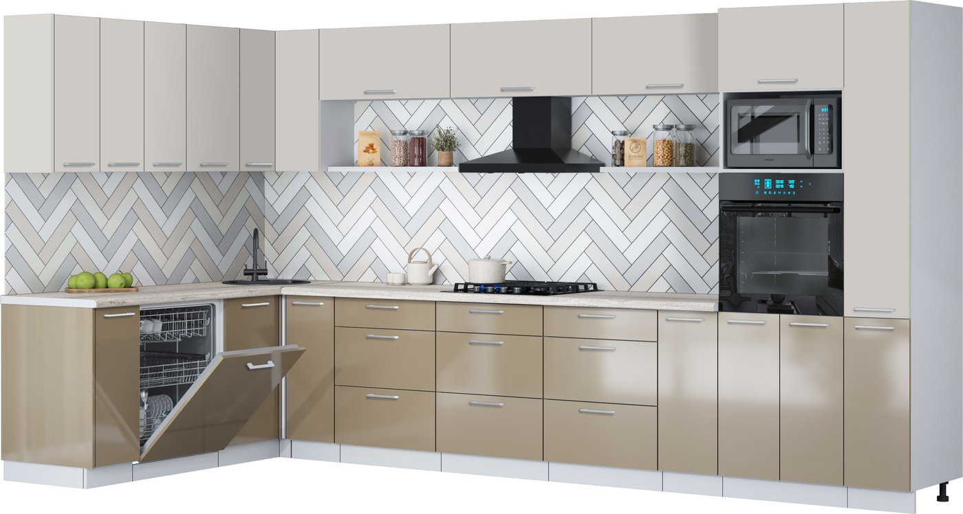 

Готовая кухня Интерлиния Мила Gloss 1.896х3.88 (капучино глянец/кашемир/травертин серый)