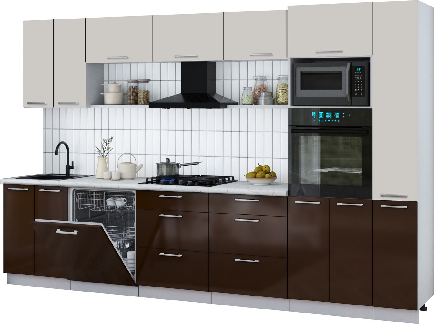 

Готовая кухня Интерлиния Мила Gloss 3.3-ПМ1 (шоколад глянец/кашемир/серый каспий)