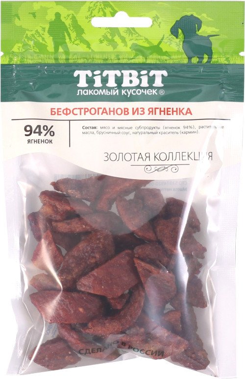 

Лакомство для собак TiTBiT Золотая коллекция. Бефстроганов из ягненка 75 г