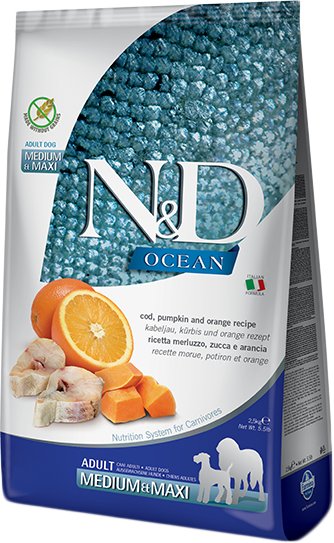 

Сухой корм для собак Farmina N&D Ocean Cod, Pumpkin & Orange Adult Medium & Maxi (с треской, тыквой и апельсином) 2.5 кг