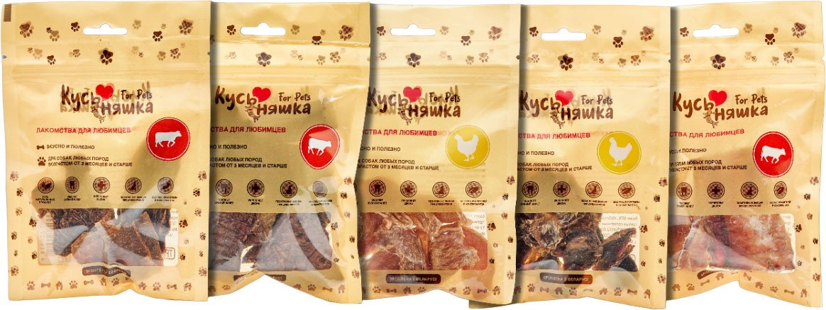 

Лакомство для собак Кусьняшка говяжьи вымя, легкое, филе цыпленка, желудки куриные, трахея 5 шт