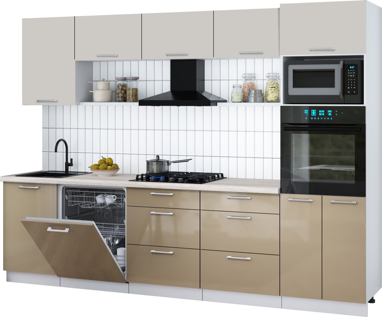 

Готовая кухня Интерлиния Мила Gloss 2.9-ПМ1 (капучино глянец/кашемир/травертин серый)