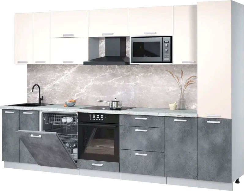 

Готовая кухня Интерлиния Мила Лайт 3.2-ПМ2 (персидский жемчуг/бетон портленд/серый каспий)