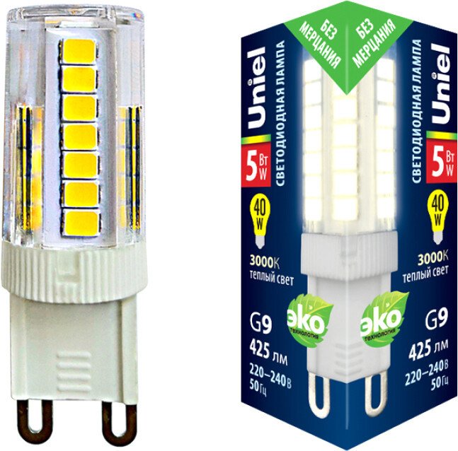 

Светодиодная лампочка Uniel LED-JCD-9W/3000K/G9/CL GLZ09TR UL-00006488