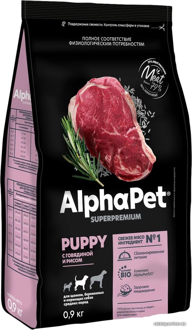 Сухой корм для собак AlphaPet Superpremium Puppy с говядиной и рисом 900 г