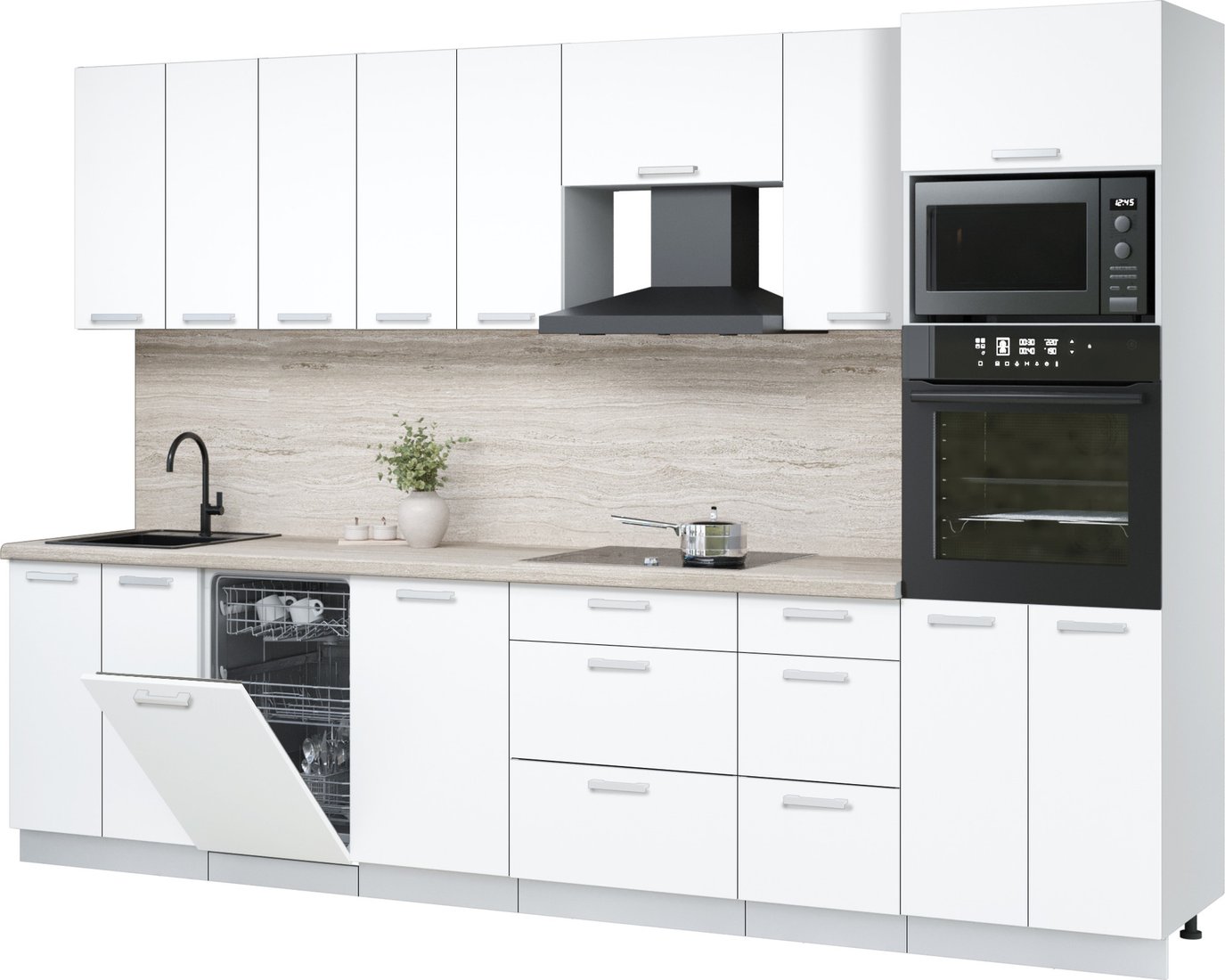 

Готовая кухня Интерлиния Мила Лайт 3.1-ПМ3 (белый платинум/белый платинум/травертин серый)