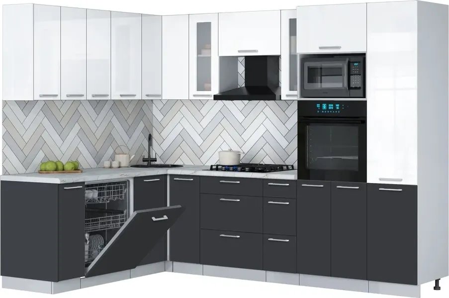 

Готовая кухня Интерлиния Мила Gloss 1.896х2.78 (пепел/белый глянец/серый каспий)