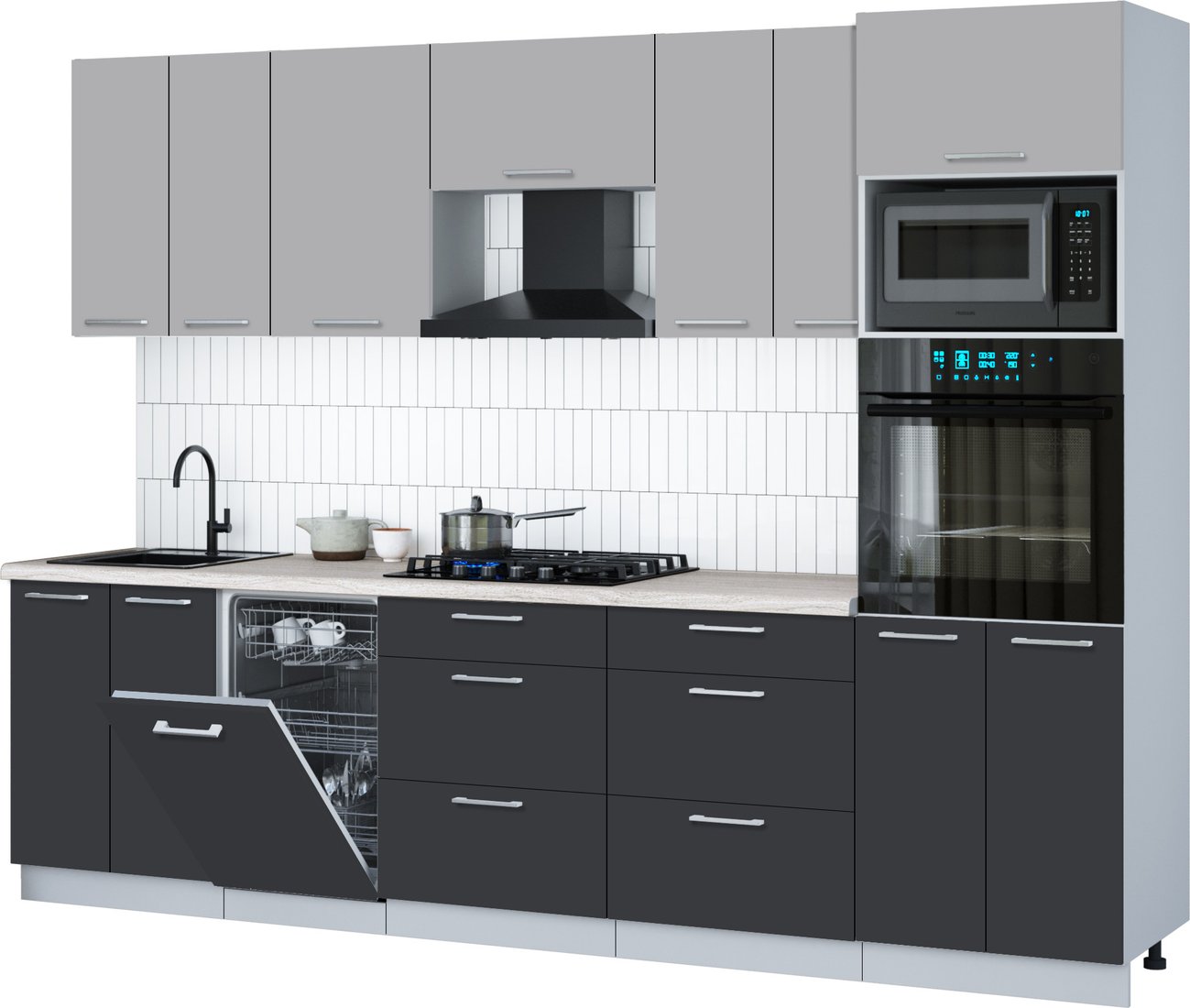 

Готовая кухня Интерлиния Мила Gloss 2.85-ПМ3 (пепел/грей/травертин серый)