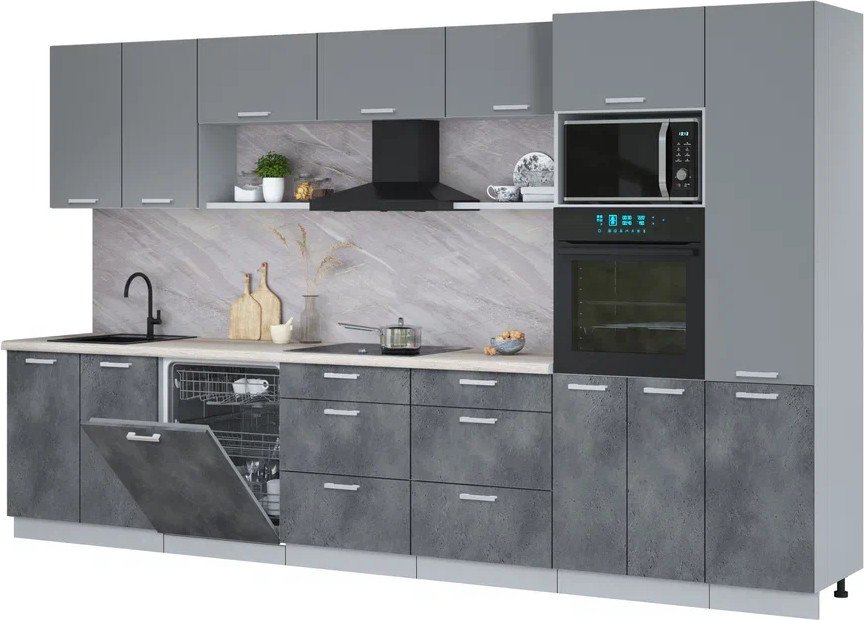 

Готовая кухня Интерлиния Мила Лайт 3.6-ПМ1 (серебро/бетон портленд/травертин серый)