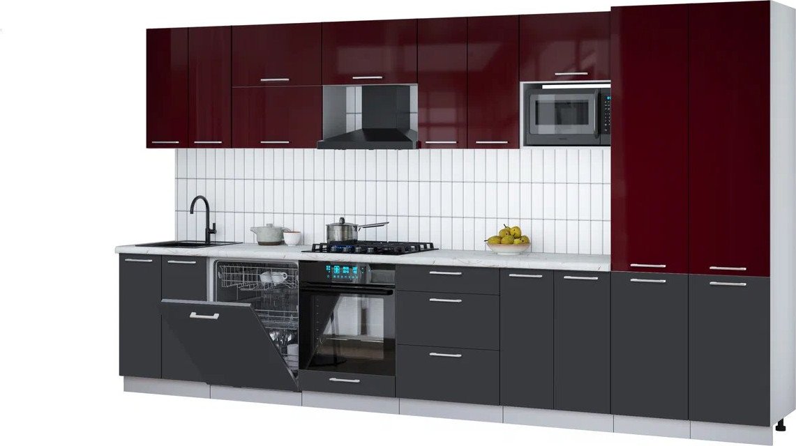 

Готовая кухня Интерлиния Мила Gloss 3.8-ПМ2 (пепел/бордовый глянец/серый каспий)