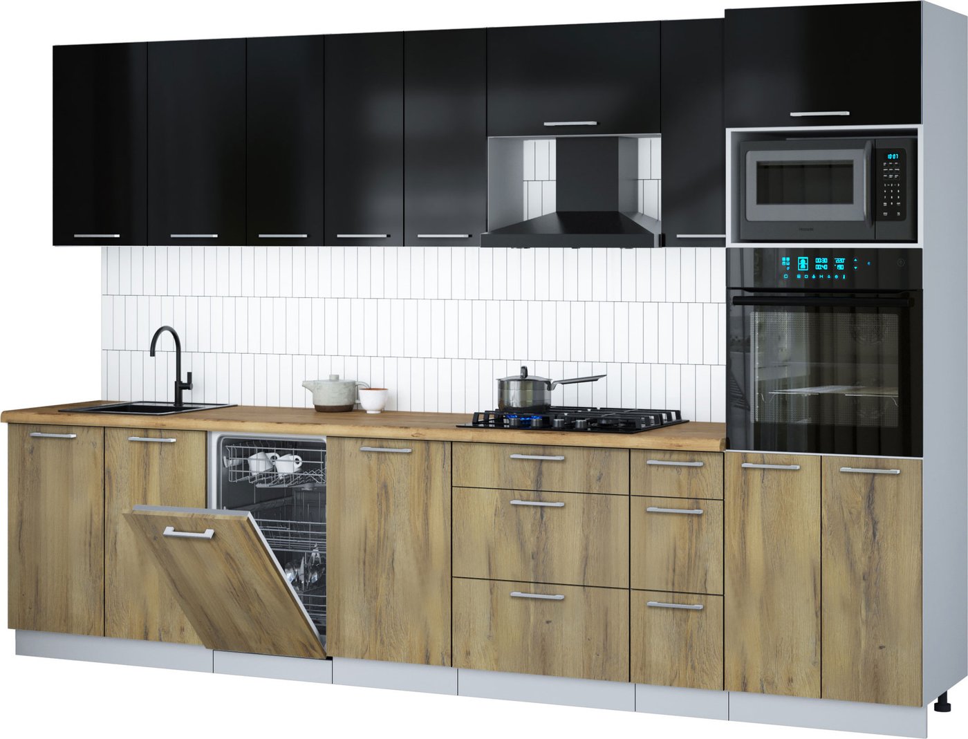 

Готовая кухня Интерлиния Мила Gloss 3.2-ПМ3 (дуб вотан/черный глянец/дуб бунратти)