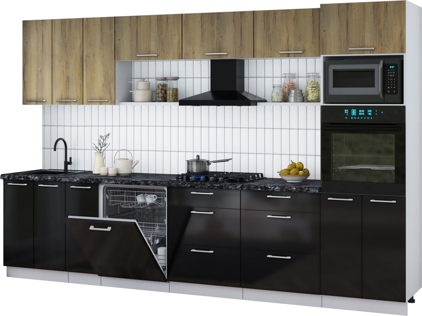 

Готовая кухня Интерлиния Мила Gloss 3.3-ПМ1-2 (черный глянец/дуб вотан/кастилло темный)