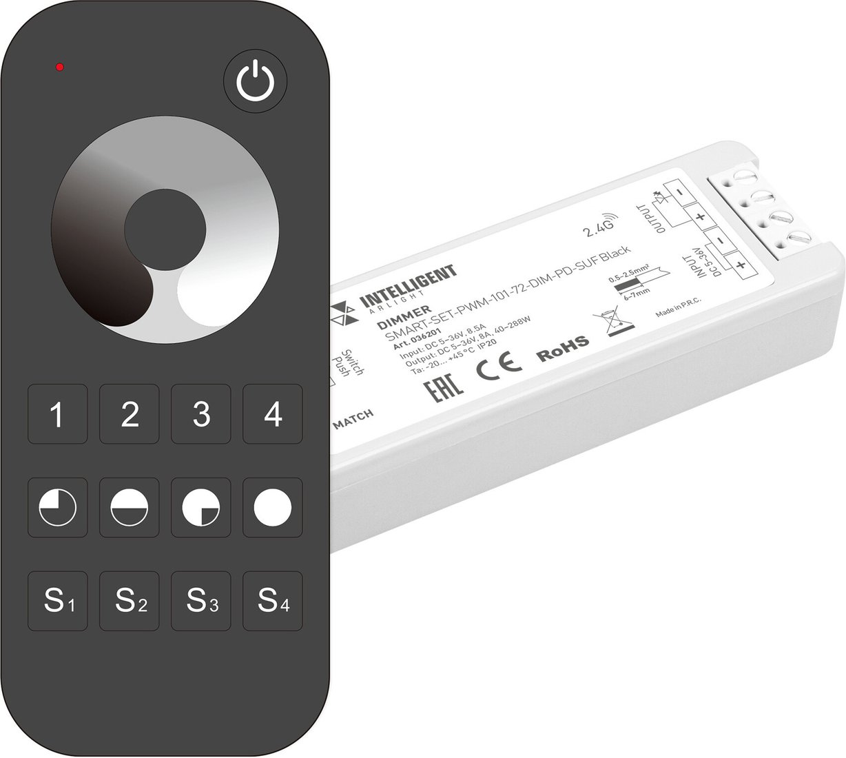 

Диммер RGB Arlight Intelligent SMART-SET-PWM-101-72-DIM-PD-SUF Black (5-36V, 1x8A, x4, ПДУ 13кн, 2.4G) 036201