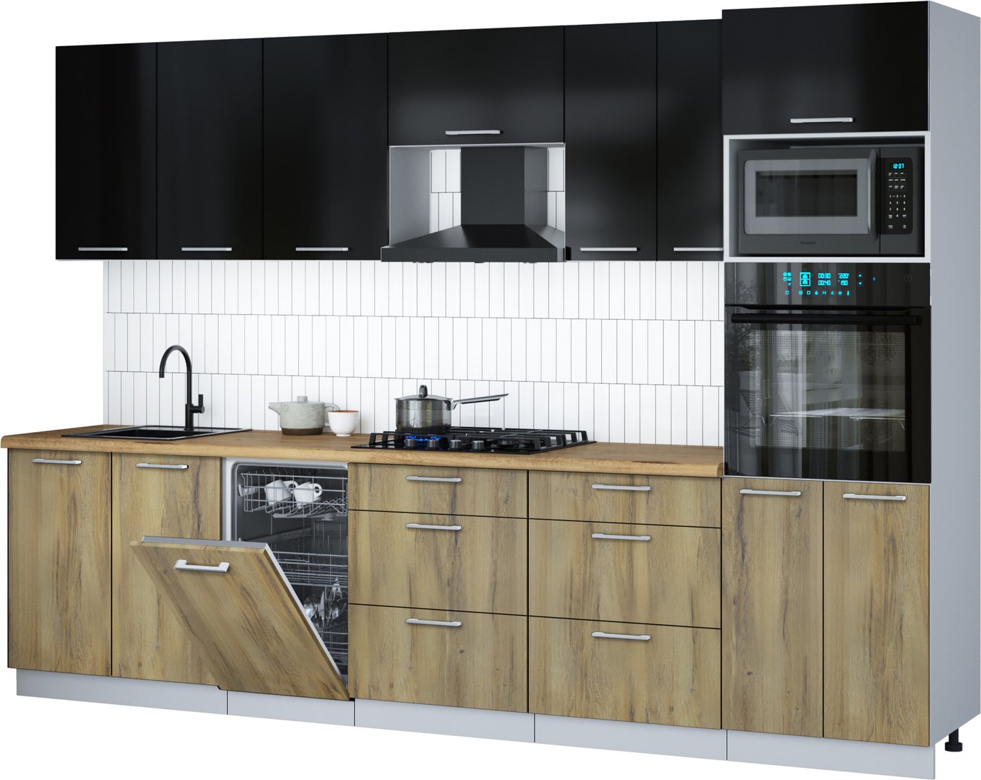 

Готовая кухня Интерлиния Мила Gloss 3.05-ПМ3 (дуб вотан/черный глянец/дуб бунратти)