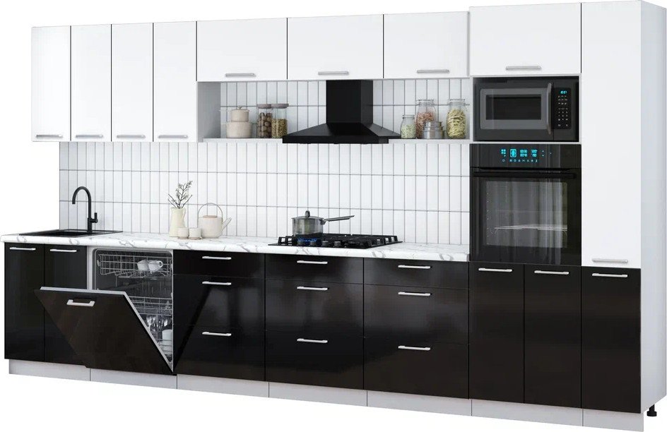 

Готовая кухня Интерлиния Мила Gloss 3.9-ПМ1 (черный глянец/белый/белый гранит)