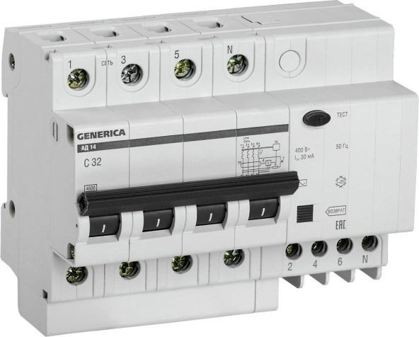 

Дифференциальный автомат Generica АД14 4Р 32А 30мА MAD15-4-032-C-030