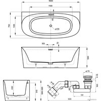 Ванна Wellsee Belle Spa 2.0 160x75 235801003 (пристенная ванна белый глянец, экран, ножки, сифон-автомат матовый черный)