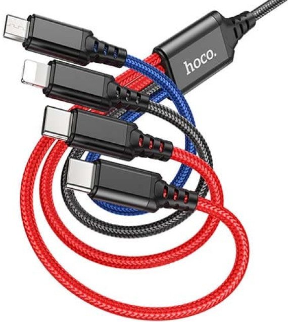

Кабель Hoco X76 Super USB Type-A - microUSB/Lightning/USB Type-Cx2 (1 м, черный/красный/синий)