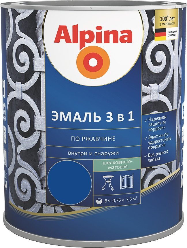 

Эмаль Alpina По ржавчине 3 в 1 RAL5005 0.75 л (шелковисто-матовый синий)