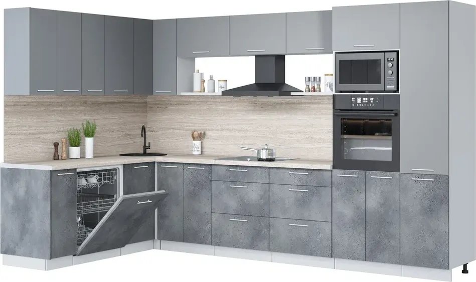 

Готовая кухня Интерлиния Мила Лайт 1.896х3.38 (серебро/бетон портленд/травертин серый)