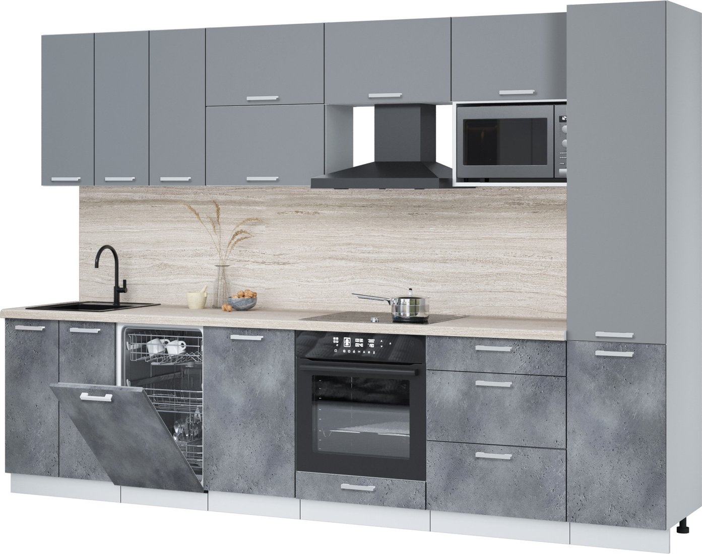 

Готовая кухня Интерлиния Мила Лайт 3.1-ПМ4 (серебро/бетон портленд/травертин серый)