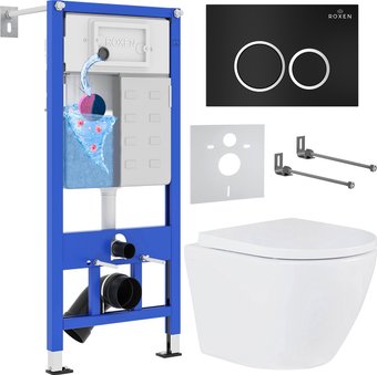 Унитаз подвесной Roxen Antares One Rimless 6 в 1 StounFix Dual Fresh 506495 (кнпка: черный матовый)