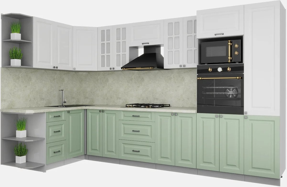 

Готовая кухня Интерлиния Мила Деко 1.68x3.4 левая (белый-мята-опал светлый)