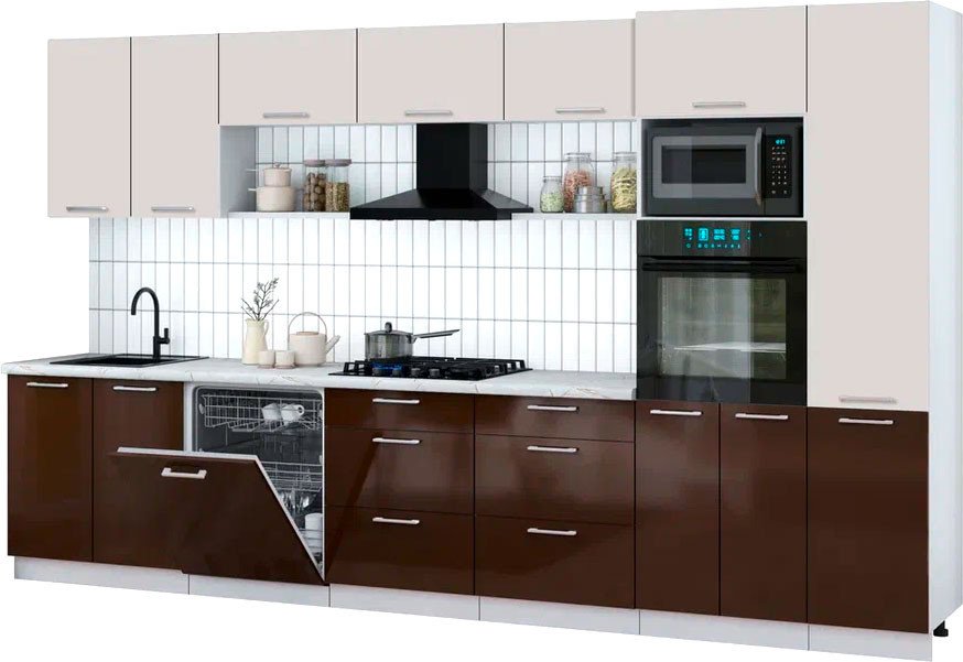 

Готовая кухня Интерлиния Мила Gloss 3.6-ПМ1 (шоколад глянец/кашемир/серый каспий)